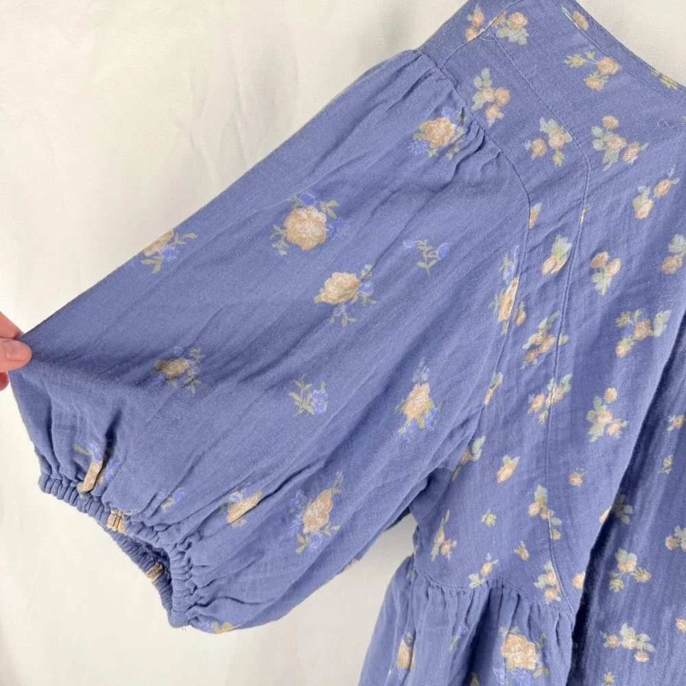 Free People Chloe Floral Print Indigo Combo Open Back Top Medum Boho Flowy NWT‎